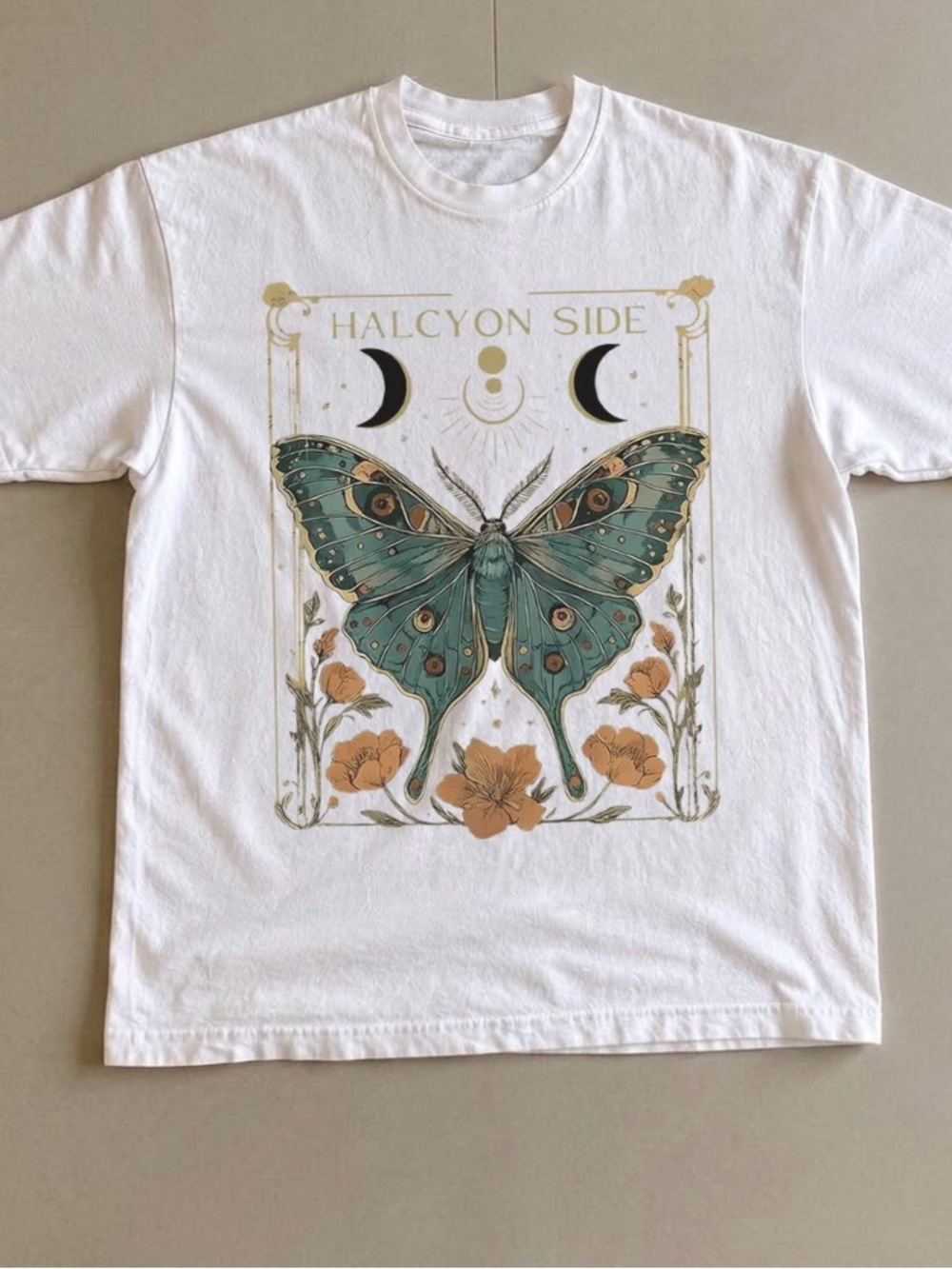 Halcyon Side Butterfly Graphic Tee - Luna Moth and Floral on White